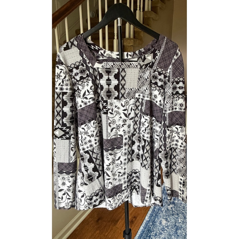 Denim & Co Black White Patchwork Floral Geometric Print Top 1X Long Sleeve
